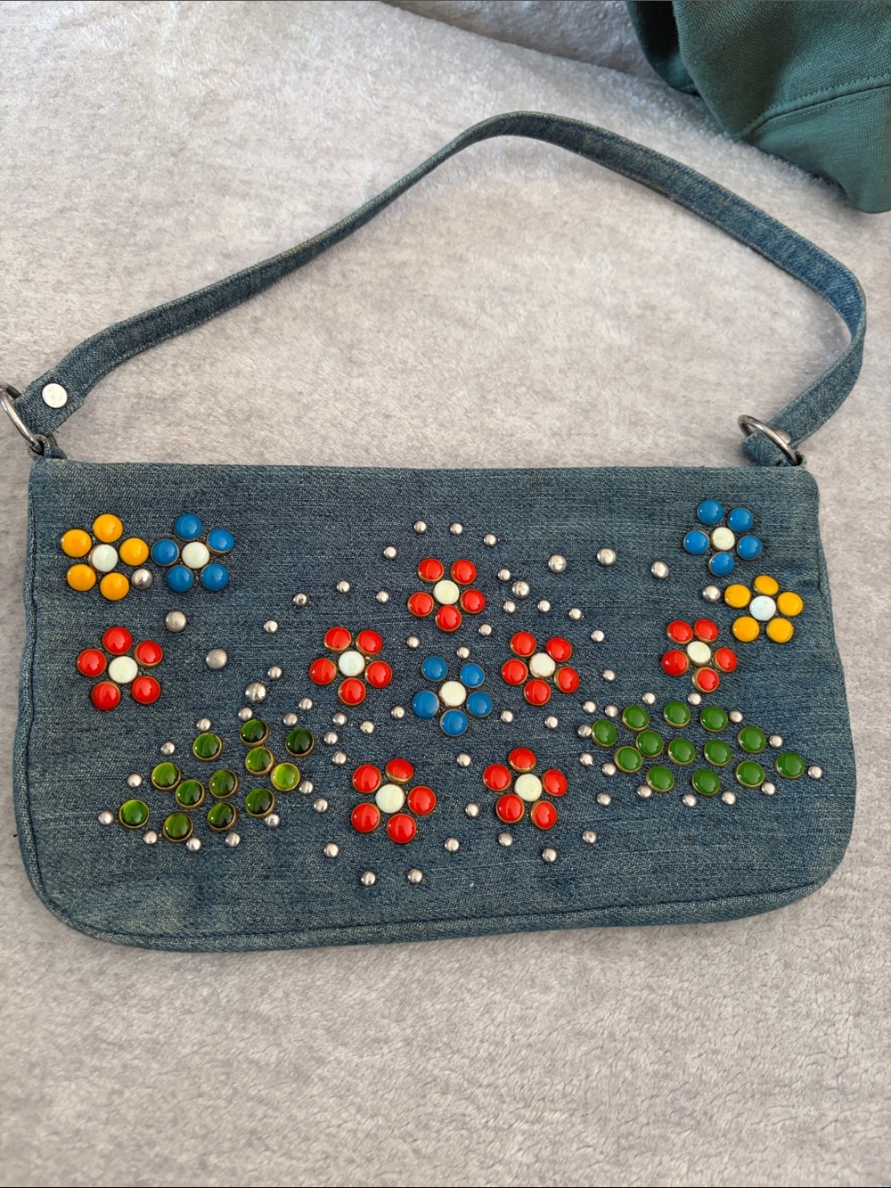 Bisou Bisou Denim Floral Stud Shoulder Bag - Blue